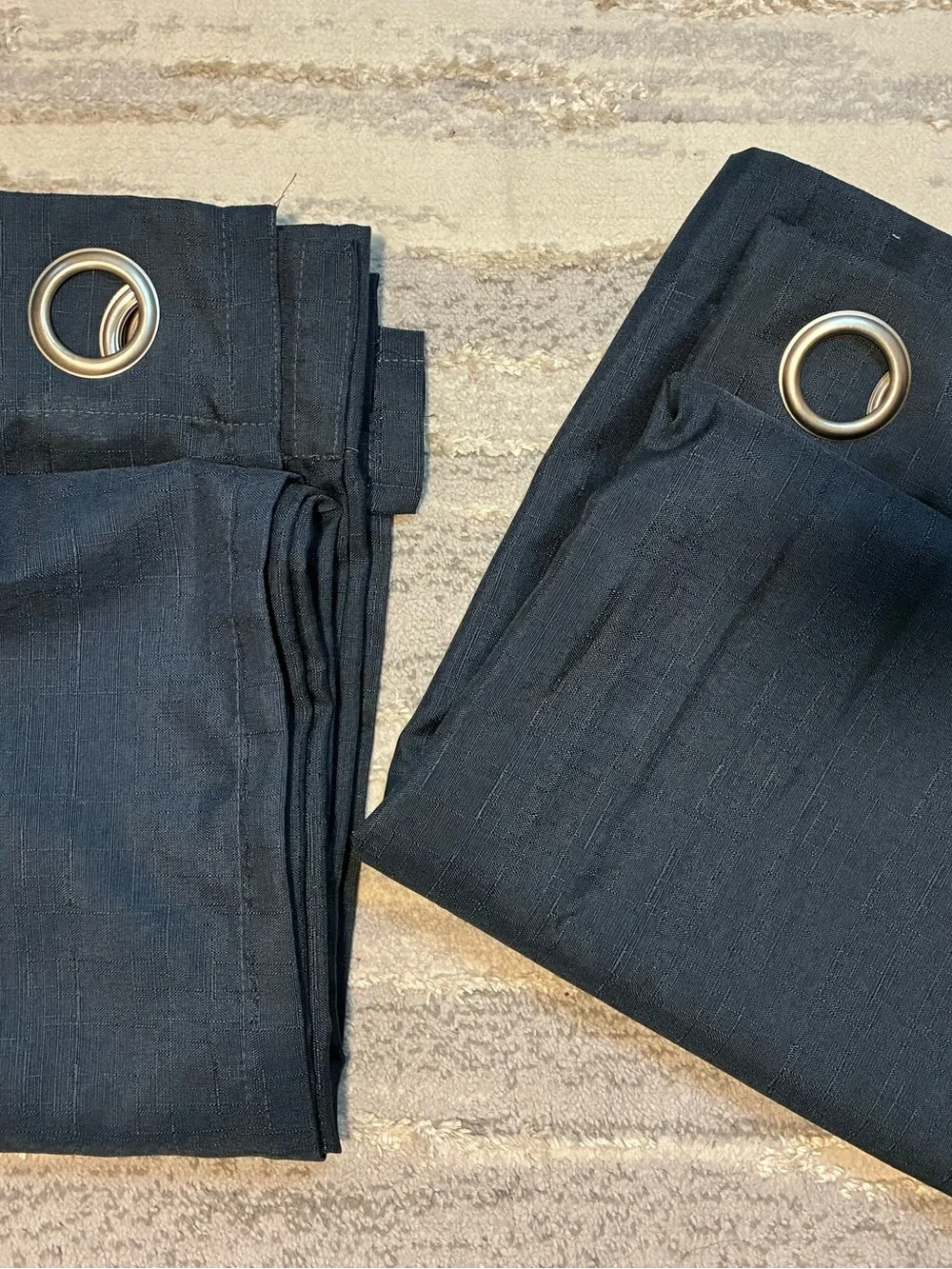 Dark Blue 2 grommet-top curtain panels measures 90 in length 50 width. EUC.